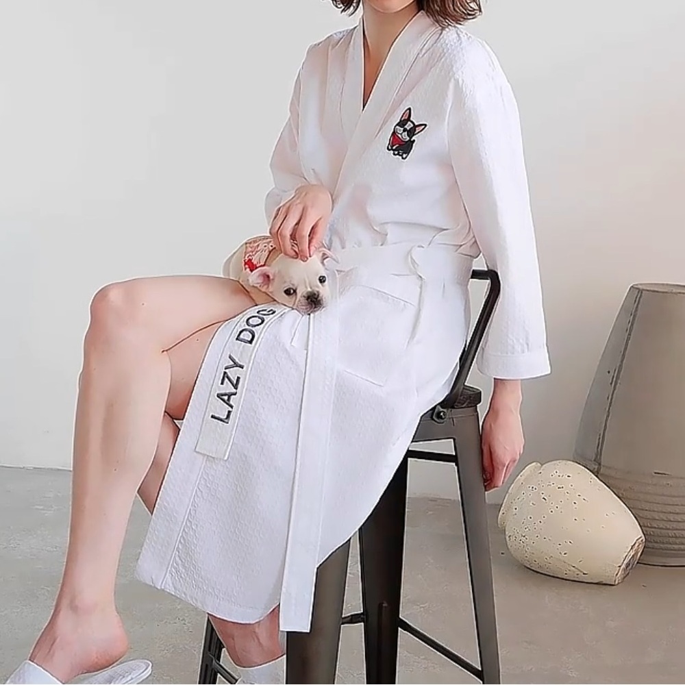 White Cotton French Bulldog Embroidered Robe by Calla Angel New York